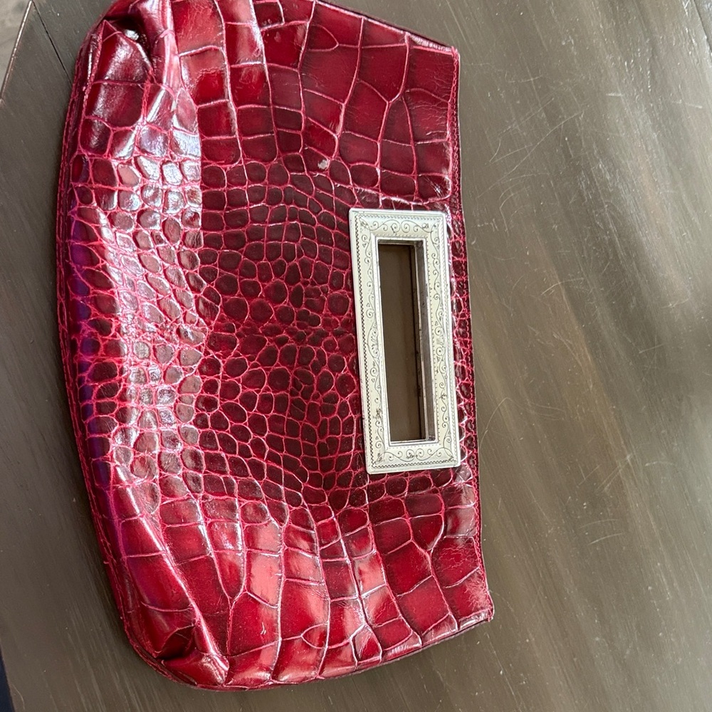 Brighton Red Croc-Embossed Vintage Clutch with Silver Handle